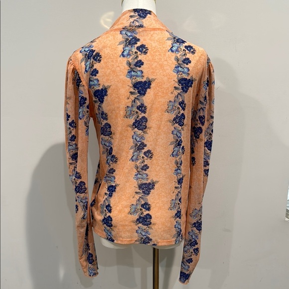 Free People Size M Tan Fitted Ribbed Blouse Long Sleeve Floral - Picture 3 of 9